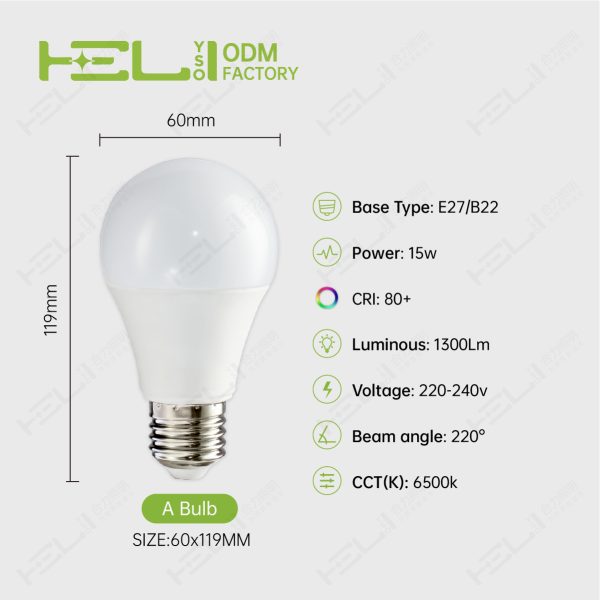 AP/PT1年品质-3/230V//230V/50HZ/-20℃~40℃/0.5/DOB/线性恒流/10000H/500V/220°/塑包铝+PC罩/光效：80/频闪：是/15W±10%/0.5/1250Lm±10%/Ra80/6500K/15LED/E27//HL-A60/60×122mm非阻燃 - 图片 2