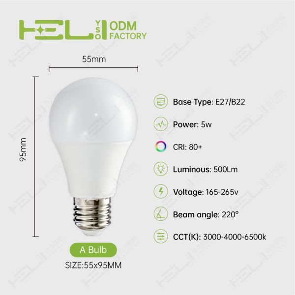 AP/智能A泡2年品质-6/165-265V/带记忆开关调色温/165-265V/50/60HZ/-20℃~40℃/0.5/内置驱动/开关恒流/15000H/1000V/220°/塑包铝+PC罩/光效：100/频闪：无/5W±10%/0.5/500Lm±10%/Ra80/3000K-6500K/10LED/<6/E27//HL-A55/55×95mm非阻燃 - 图片 2