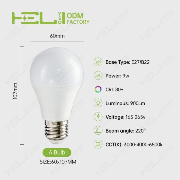 AP/智能A泡2年品质-6/165-265V/带记忆开关调色温/165-265V/50/60HZ/-20℃~40℃/0.5/内置驱动/开关恒流/15000H/1000V/220°/塑包铝+PC罩/光效：100/频闪：无/9W±10%/0.5/900Lm±10%/Ra80/3000K-6500K/18LED/<6/E27//HL-A60/60×110mm非阻燃 - 图片 2